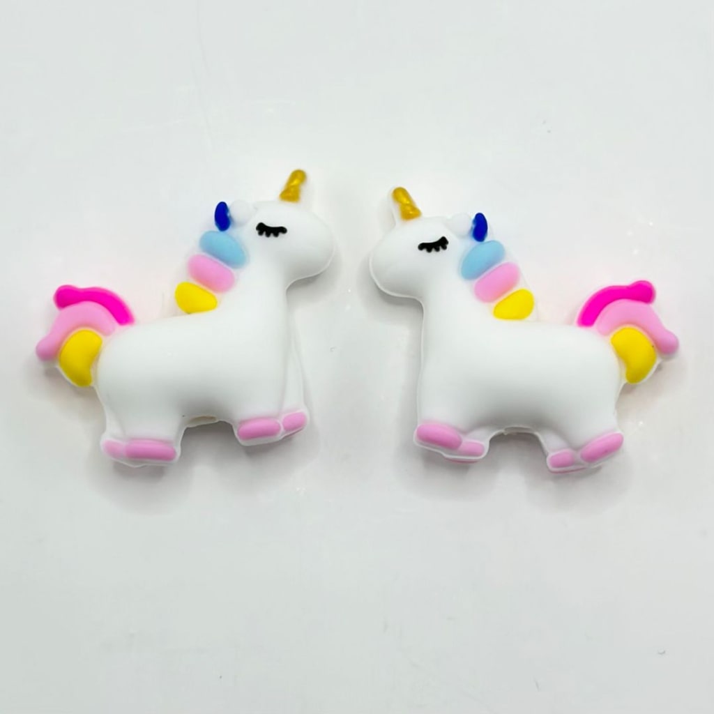 3D Little Cute White Unicorn with Colorful Mane Silicone Focal Beads