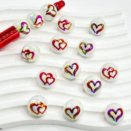 UV Finish Red Hearts Love Valentines White Round Acrylic Beads, 16MM