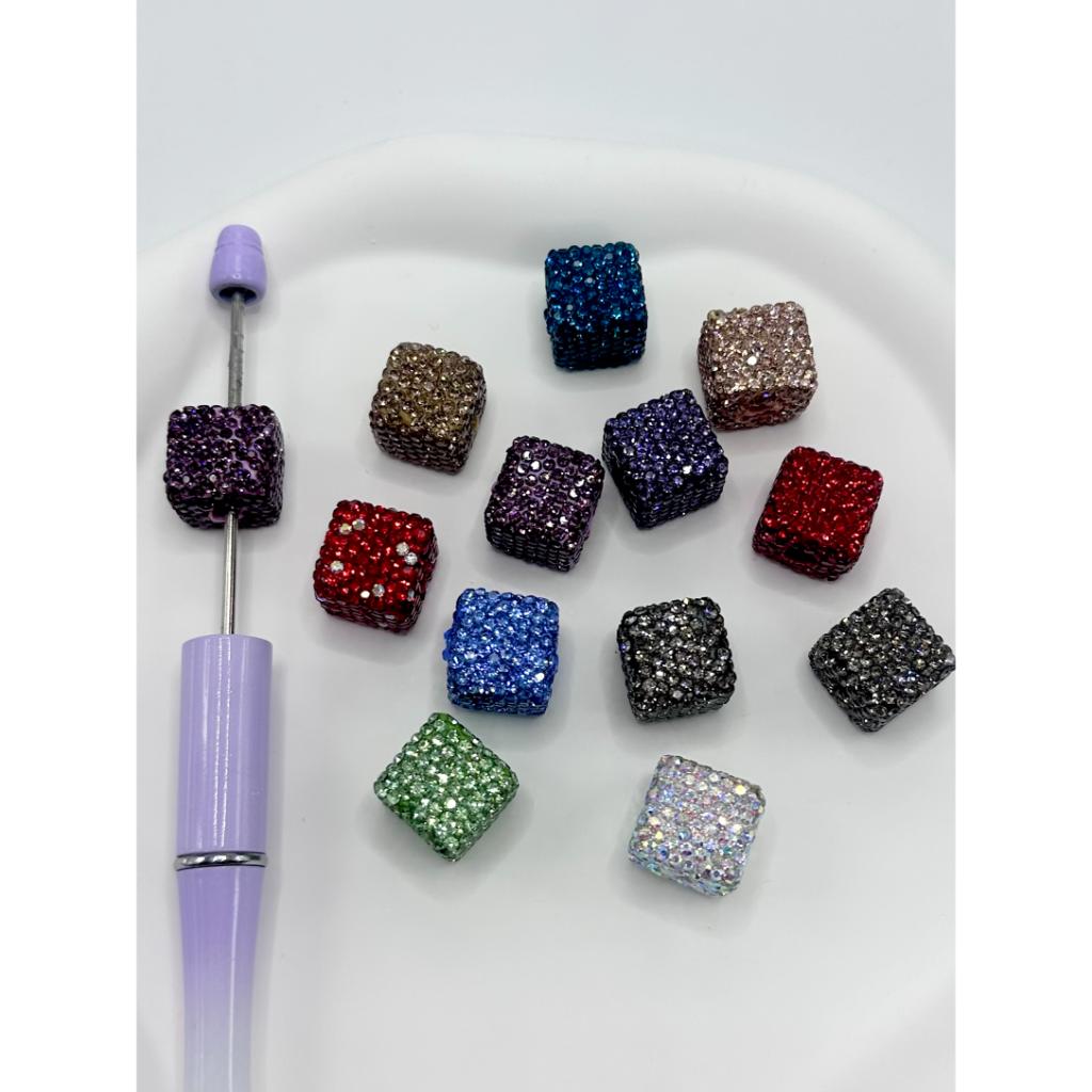 Cube Clay Beads with Rhinestones Square Fit On Pen Different Colors 14mm