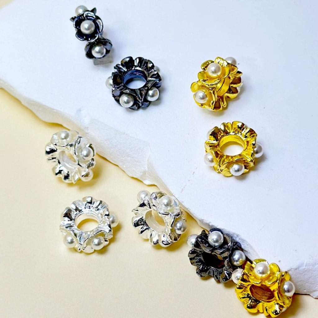 Exquisite Gold Silver Gun Black Metal Alloy Flower White Pearl Inside Spacer, 15MM