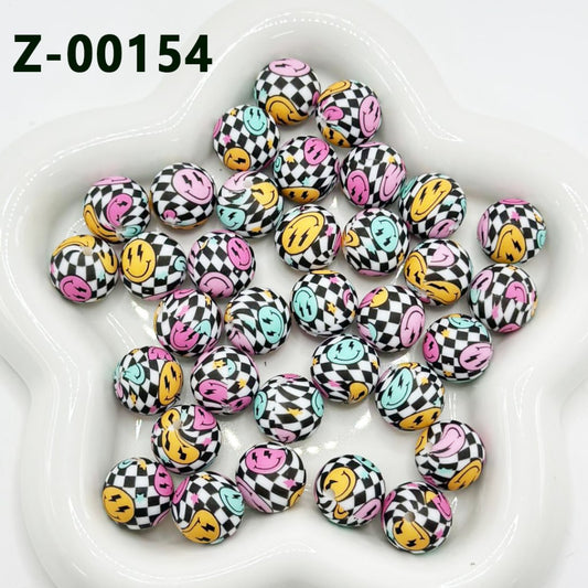 Colorful Smile Face Black & White Checkered Round Printed Silicone Beads 15mm, Number Z-00154