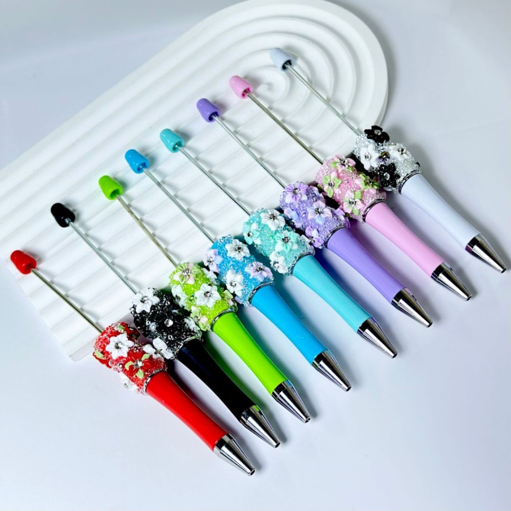 DIY Beadable Pen with Mini Cute Flowers Clear Rhinestone Inside Shiny Pearls in Solid Color