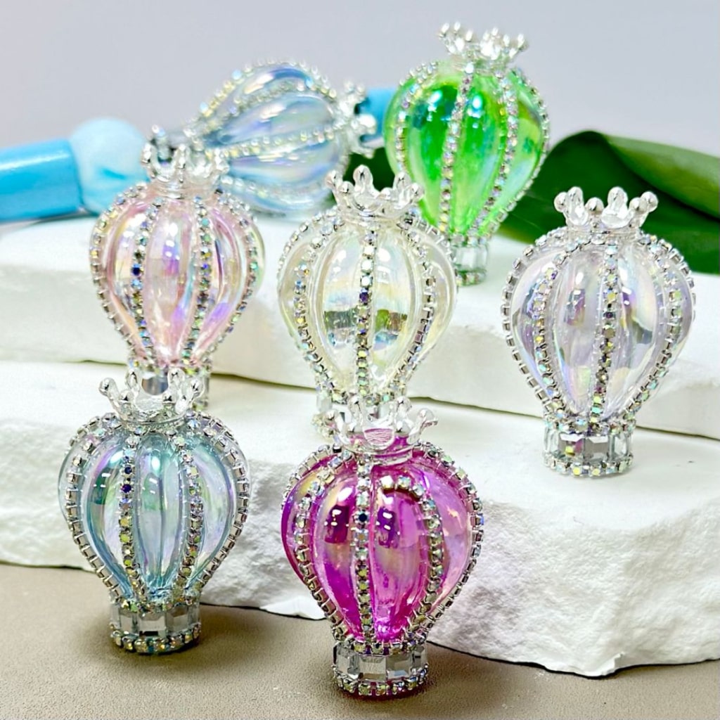 UV Finish Translucent Color Hot Air Balloon Acrylic Beads with Silver Alloy Crown AB Rhinestones Chains, Around 36*25MM