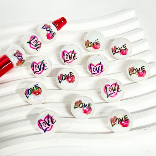 UV Finish Pink Heart Black Love Valentines White Round Acrylic Beads, 16MM