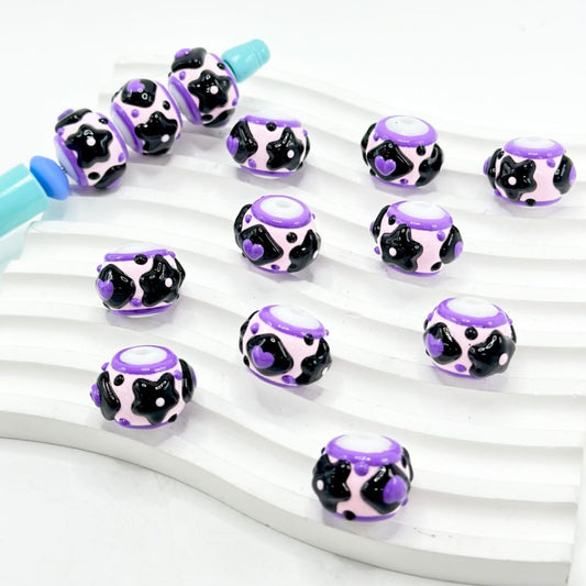 Black Star Diamond Purple Heart Pink White Round Acrylic Beads, 16MM