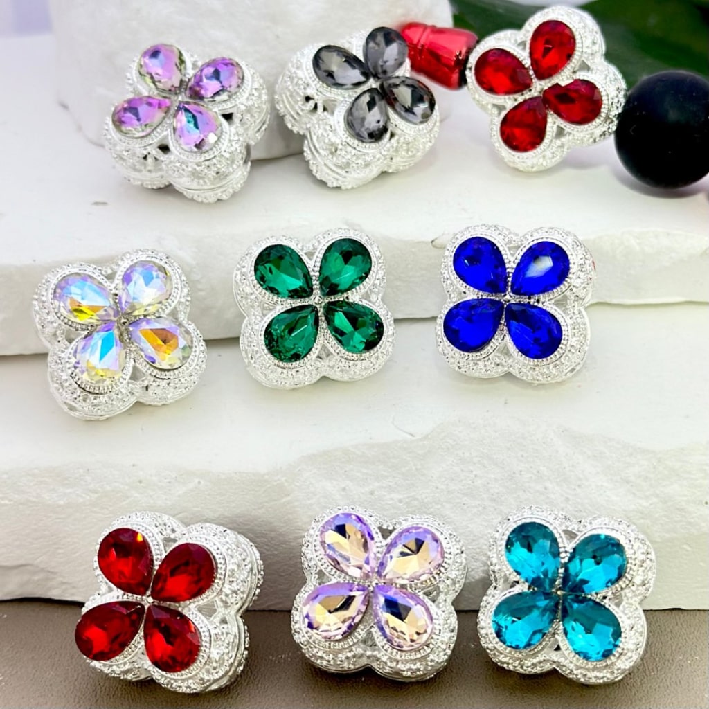 Exquisite Silver Alloy Four-Leaf Clover with Colorful Shiny Rhinestones Beads, Around 19*19MM