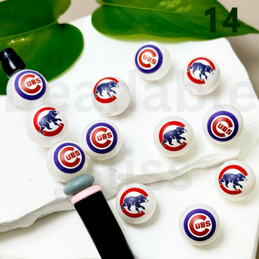 USA America Baseball Team Chicago Cu Sports Frosted Matt White Round Acrylic Beads, 16MM, Random Mix