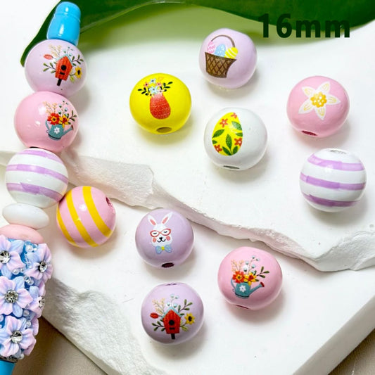 Easter Series Colorful Flowers Eggs Bunnies Rabbits Round Wooden Beads, 16MM, Please Read the Description