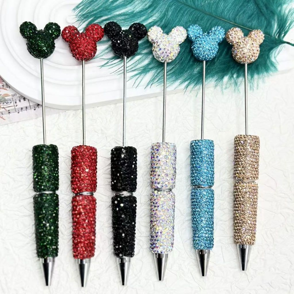 Beadable Pens with Clay Rhinestones Covered the Entire Pen with Mouse Head Pen Topper Head