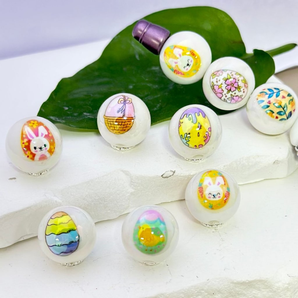 UV Finish Colorful Eggs Bunny Rabbit Easter White Round Acrylic Beads, 16MM