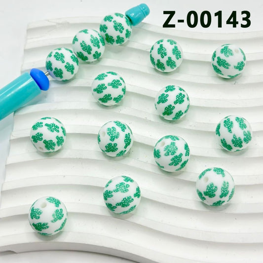 Green Cereus Cactus White Round Printed Silicone Beads 15mm, Number Z-00143