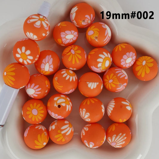 Large Cute Flowers Orange Round Printed Silicone Beads 19MM, Number 002