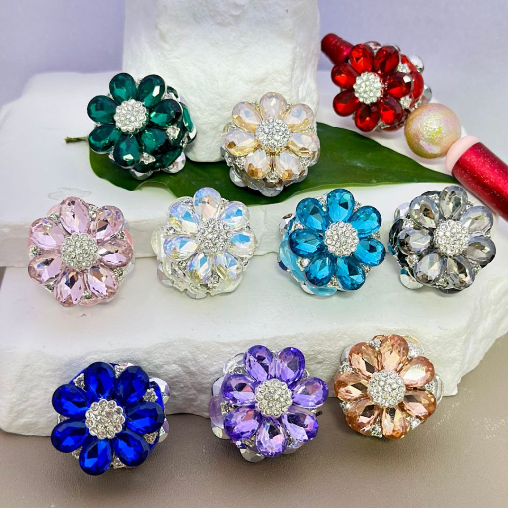 Bling Bling Fancy Silver Alloy Flower with Clear & Colorful Rhinestones Oval Pearls Clay Beads, 25MM