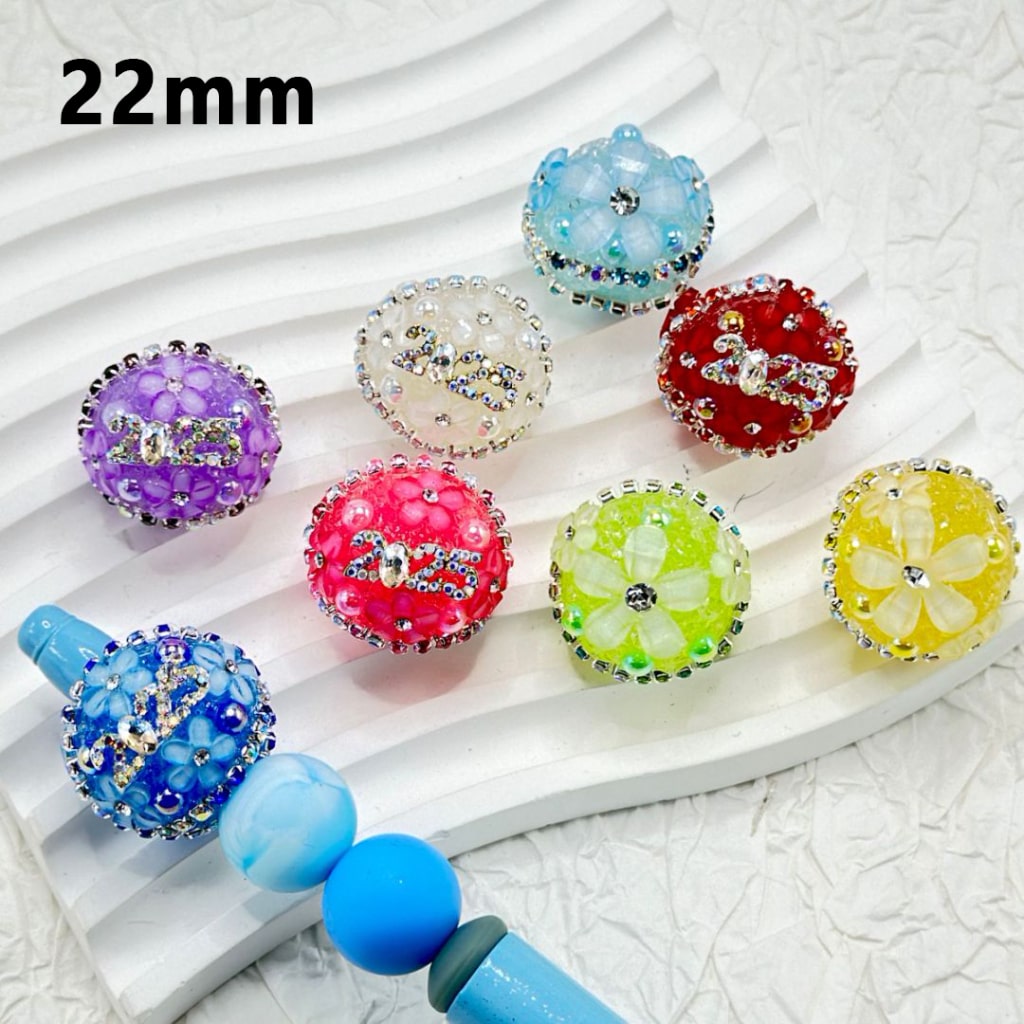 Exquisite Solid Color Round Sugar Acrylic Beads with Mini Flower Colorful Rhinestones Chain Shiny Pearls 2025 Alloy Luxury Metal Nail Art Rhinestones Nail Crystal Jewelry Accessory, 22MM