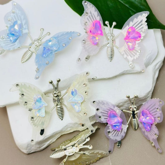 Exquisite Silver Alloy Butterfly with Clear Rhinestones Colorful Fabric Wings Shiny Hearts Diamonds, Around 53*43MM