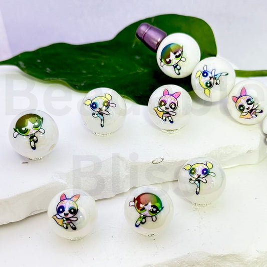 UV Finish Cute Powerpuf Girls White Round Acrylic Beads, 16MM