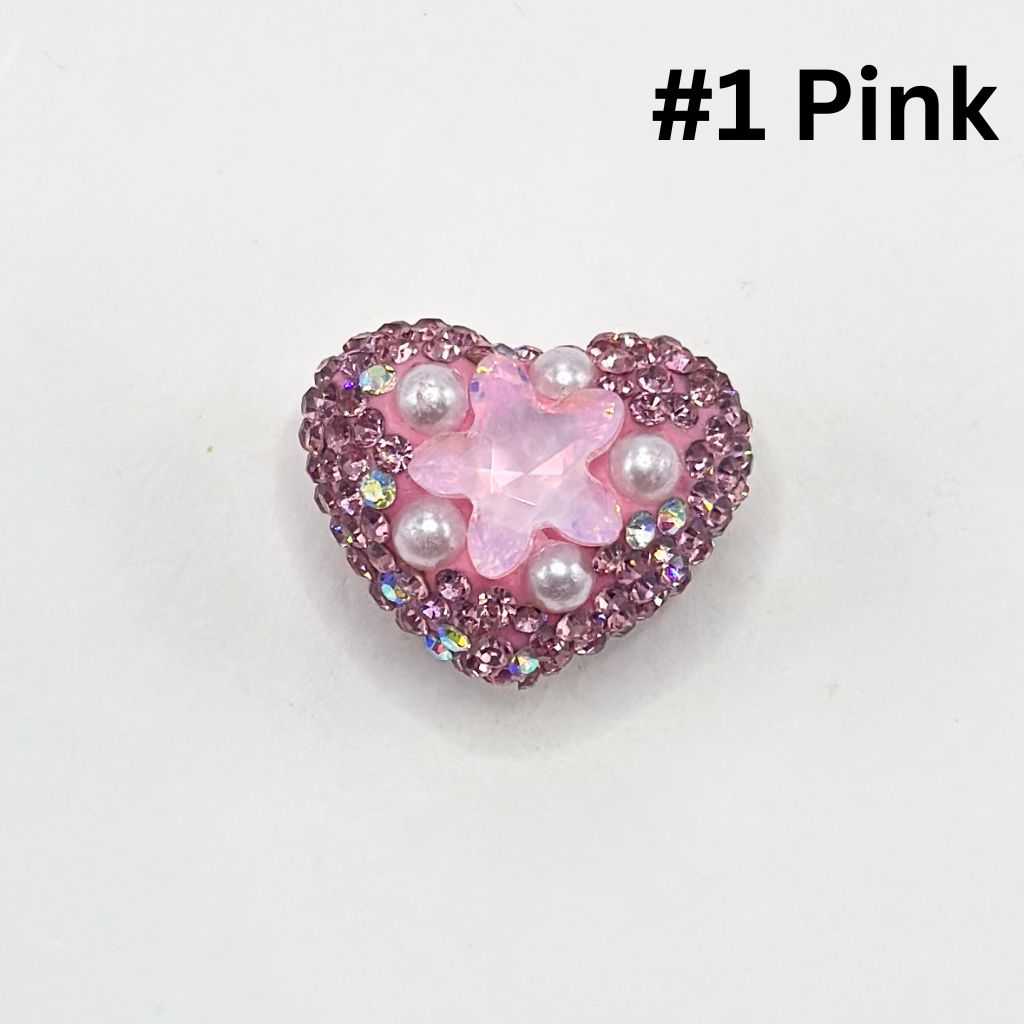 Heart Shape Clay Beads with Star Rhinestones and Small White Pearls, 25MM by 19MM