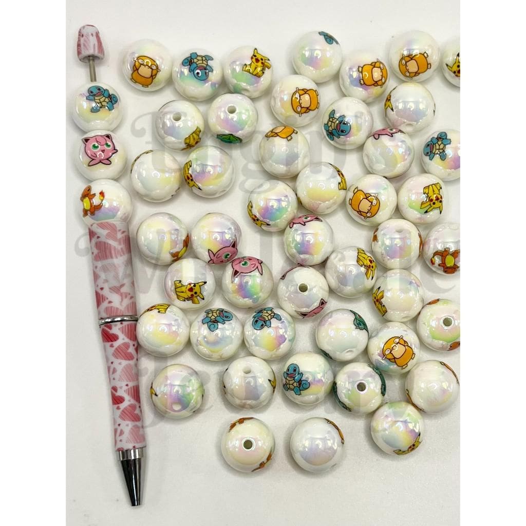 Pearl White Acrylic Beads with Cartoon Pocket Monster, UV Finish, Random Mix, 16mm, XY