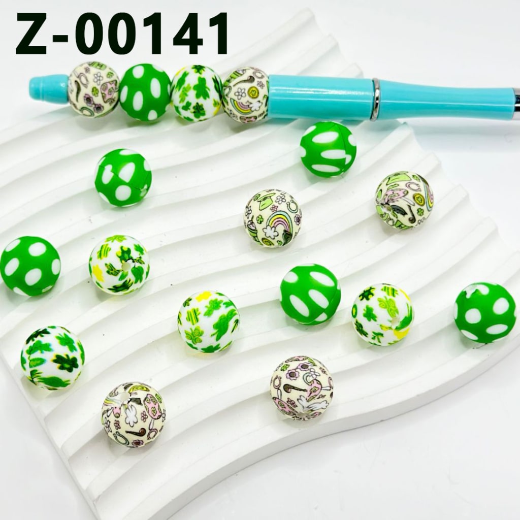 Green Leaf Clover Rainbow Cloud Hat Drink Flower Round Printed Silicone Beads 15mm, Number Z-00141