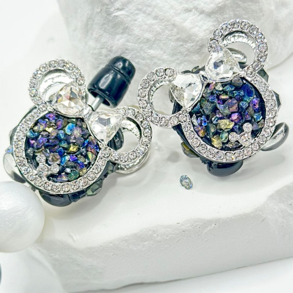 Bling Bling Silver Alloy Micki Mouse Head with Clear Bowknot Rhinestone Oval Pearls Little Stones, 30*27MM