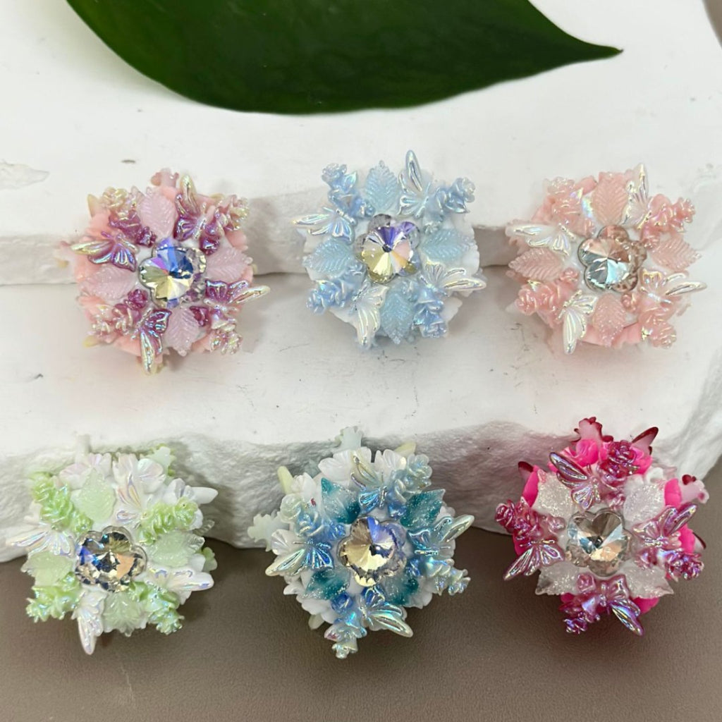 Delicate Fancy Colorful Cute Flowers Leaves Shiny Flower Rhinestones White Clay Beads, Around 25MM