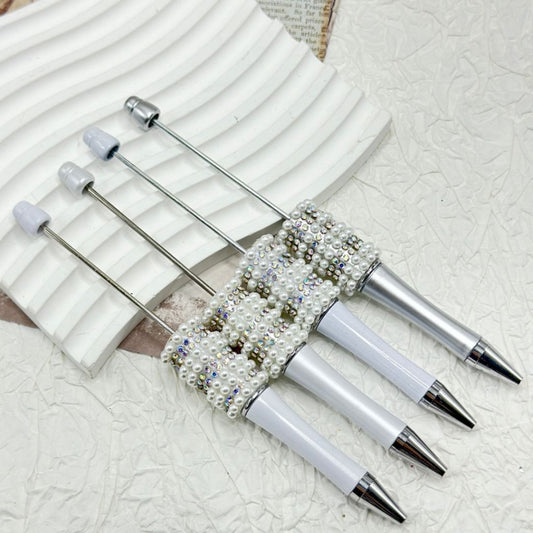 White Beadable Pen with AB Small Rhinestones White Pearl Chain