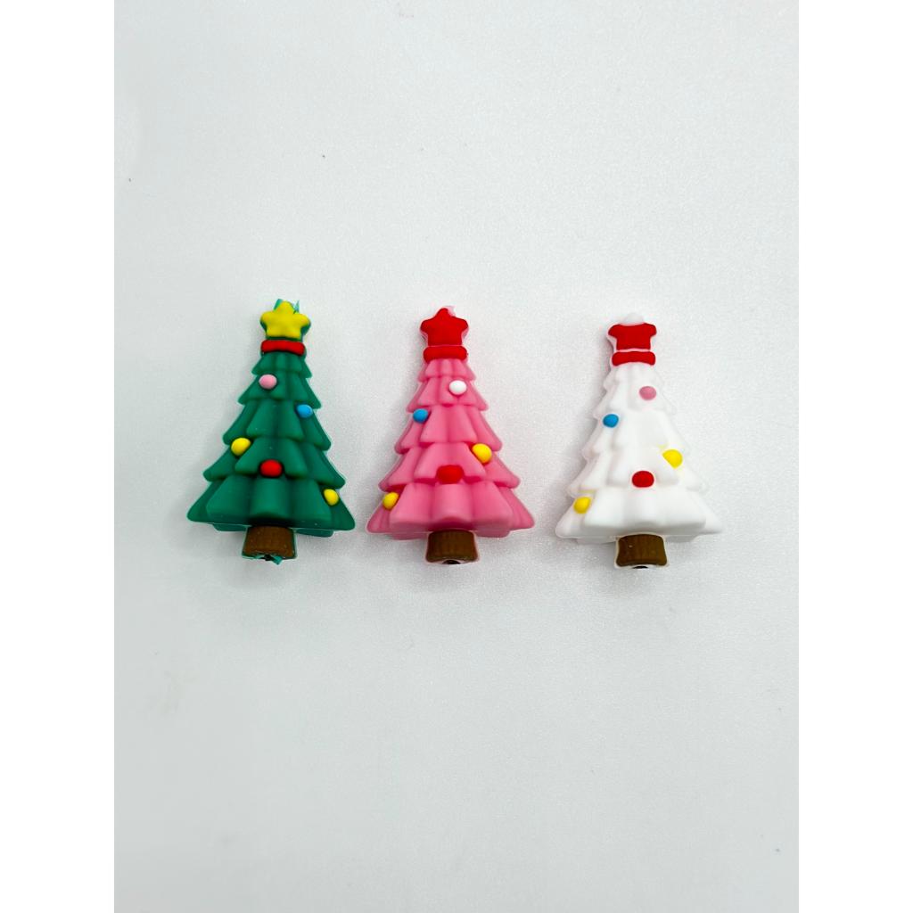 3D Cute Christmas Trees With Stars On The Top Silicone Focal Beads Random Mix