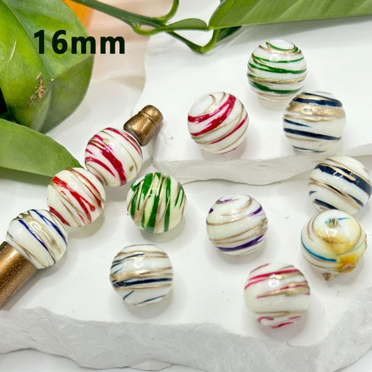 Colorful & Gold Swirl Stripes White Round Acrylic Beads, 16MM