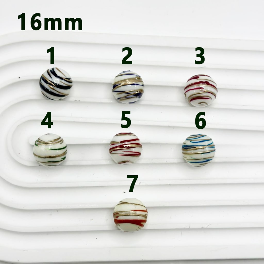 Colorful & Gold Swirl Stripes White Round Acrylic Beads, 16MM