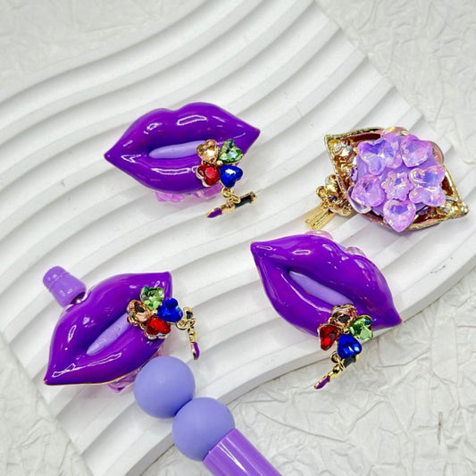 Exquisite Vivid Alloy Purple Lip Lipstick Four Leaf Clover with Colorful Heart Rhinestone Clear Oval Pearls Butterfly Star Heart Diamonds Clay Beads, Around 42*24MM