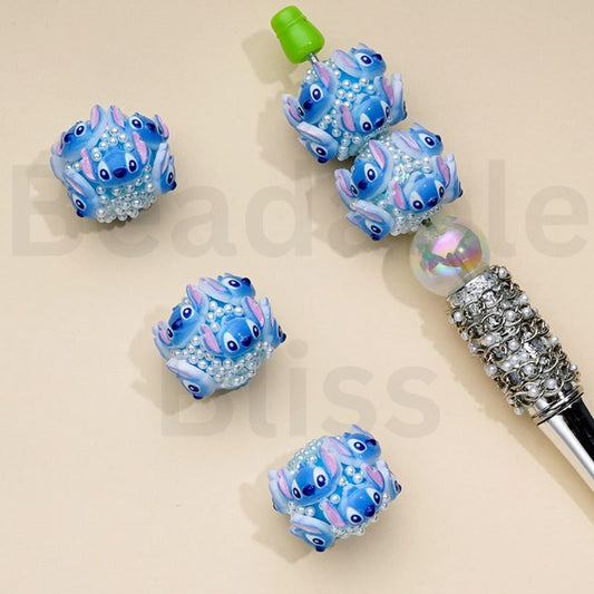 Cute Blue Stitc White Pearls Clay Acrylic Beads, 20MM