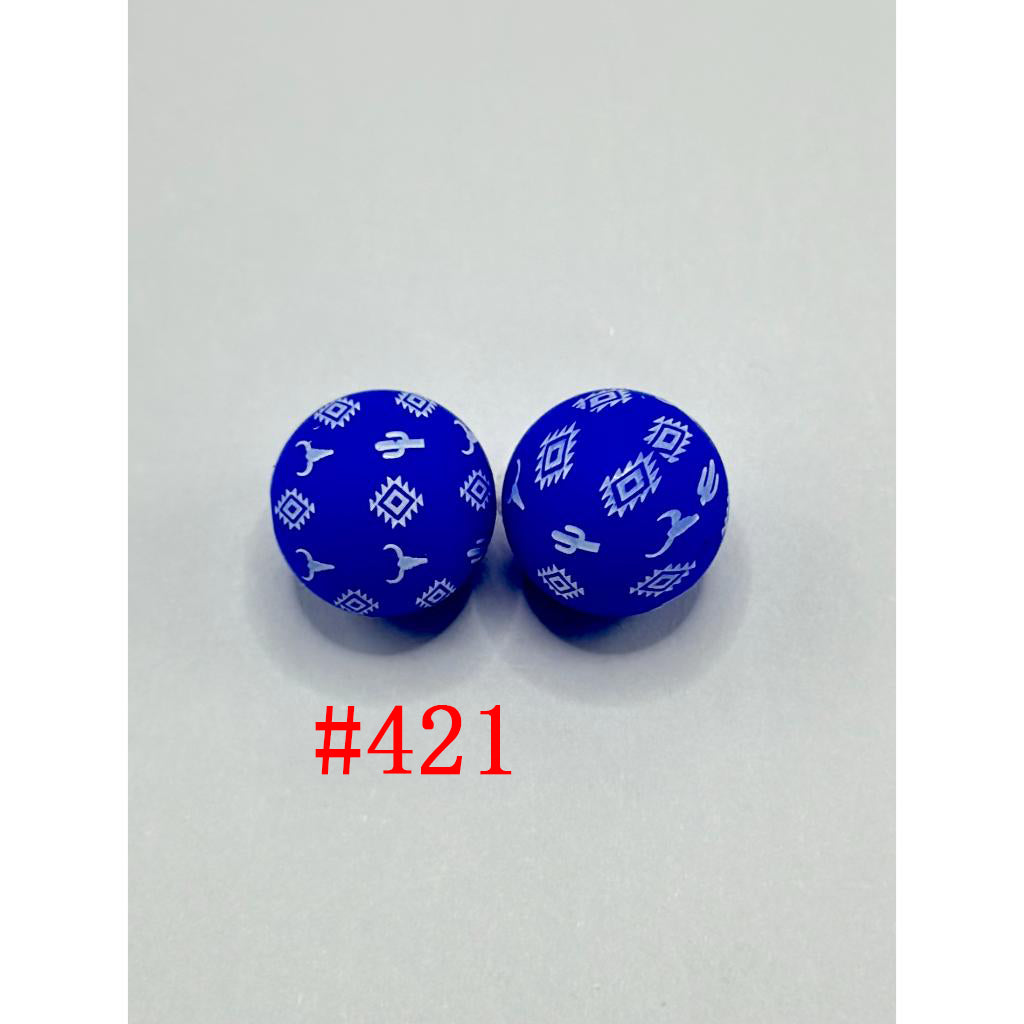 Cactus Aztec Western Blue Printed Silicone Beads Number 421