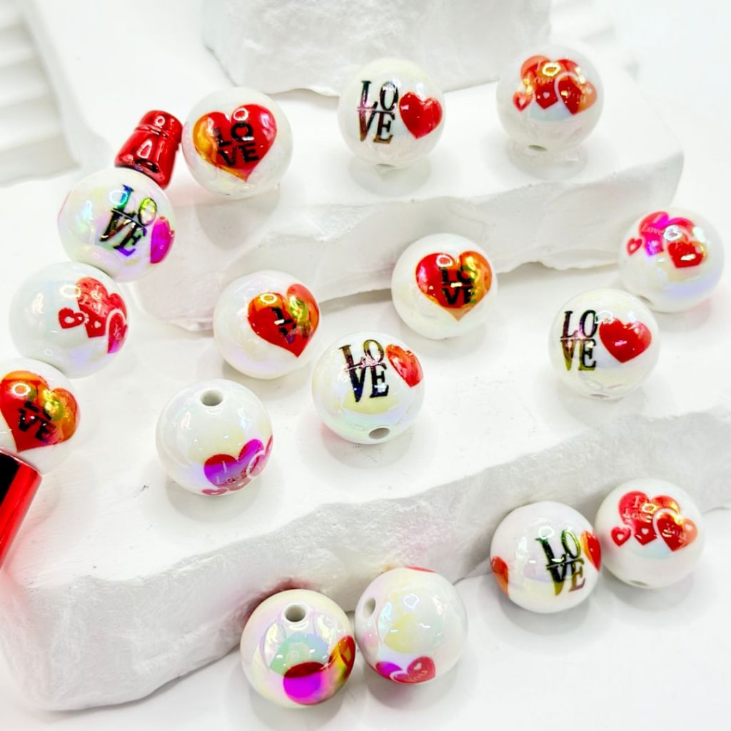 UV Finish Red Heart Black Love Valentines White Round Acrylic Beads, 16MM