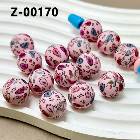 Colorful Hearts Stars Pink Round Printed Silicone Beads 15mm, Number Z-00170