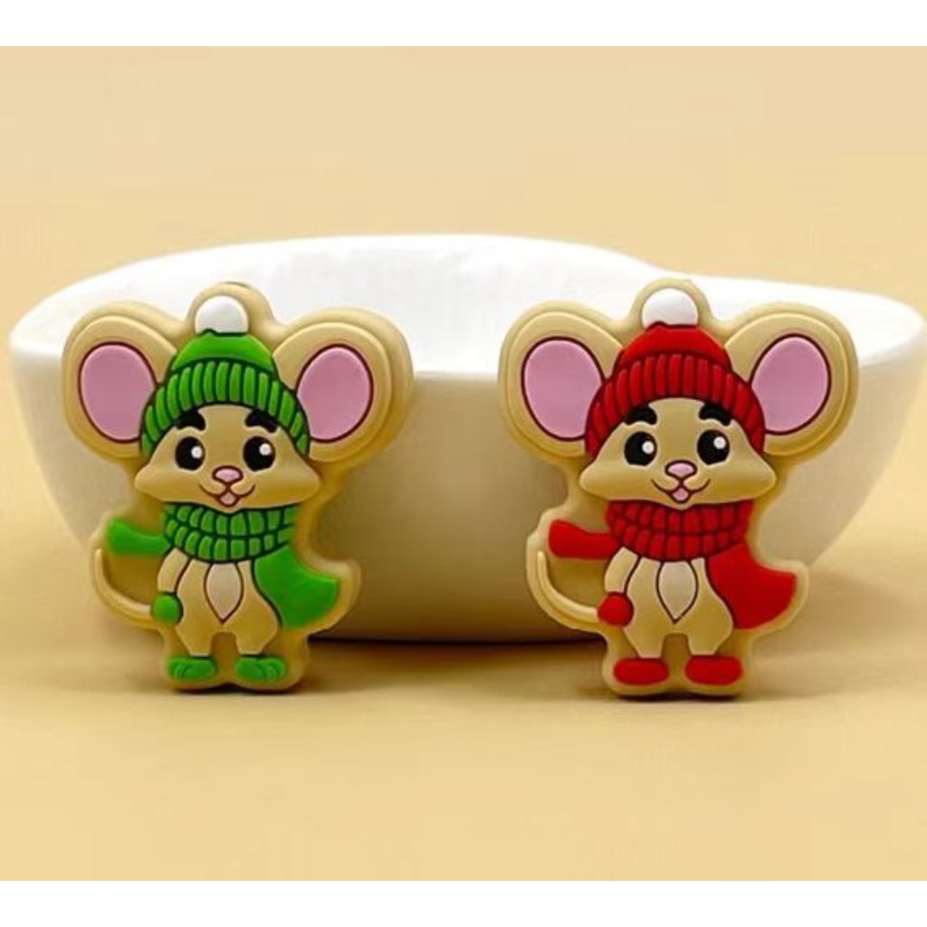 Little Cute Mouse Rat in Christmas Color Green Red Hat Scarf Silicone Focal Beads