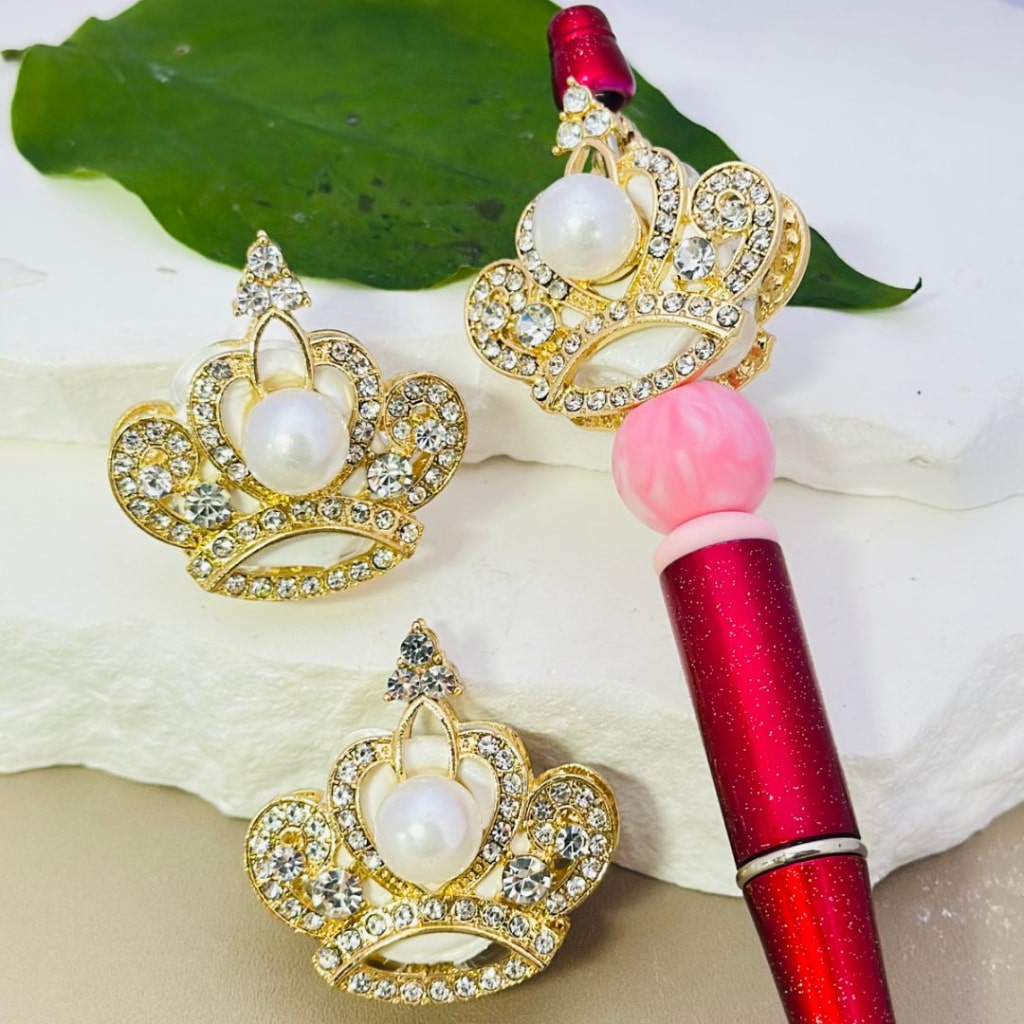 Bling Bling Fancy Gold & Silver Alloy Crown with Large White Pearls Clear Rhinestones Clay Beads, Around 34*35MM