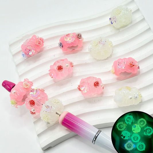 Luminous Cute Colorful Flowers Shiny Butterflies Clear Rhinestones White Pearls Round Acrylic Beads, Around 18MM