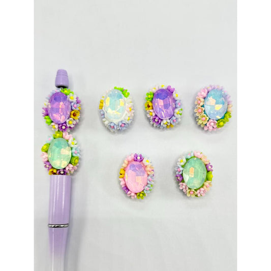 Oval Shaped Clay Beads with Rhinestones and Colorful Flowers,ff