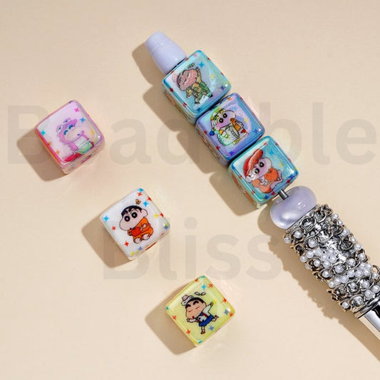 UV Coating Cute Crayon Shin-cha Cube Square Acrylic Beads, 14MM, Random Mix