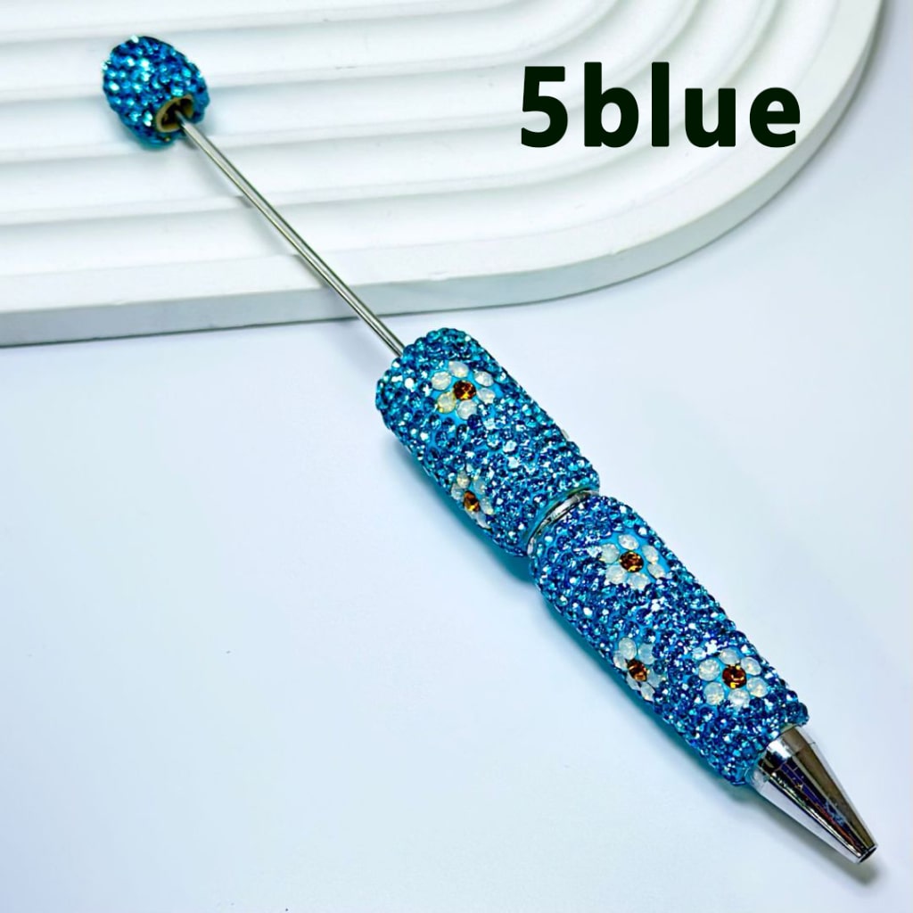 Beadable Clay Pens with White & Gold Flowers Colorful Shiny Rhinestones Covered the Entire Pen