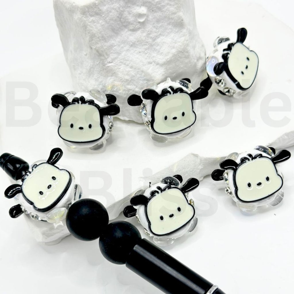 Delicate Black White Pink Alloy Pochacc Head Sanri with Shiny Rhinestones Oval Pearls Clay Beads, Around 26*20MM