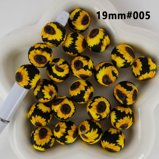 Large Sunflowers Black Round Printed Silicone Beads 19MM, Number 005