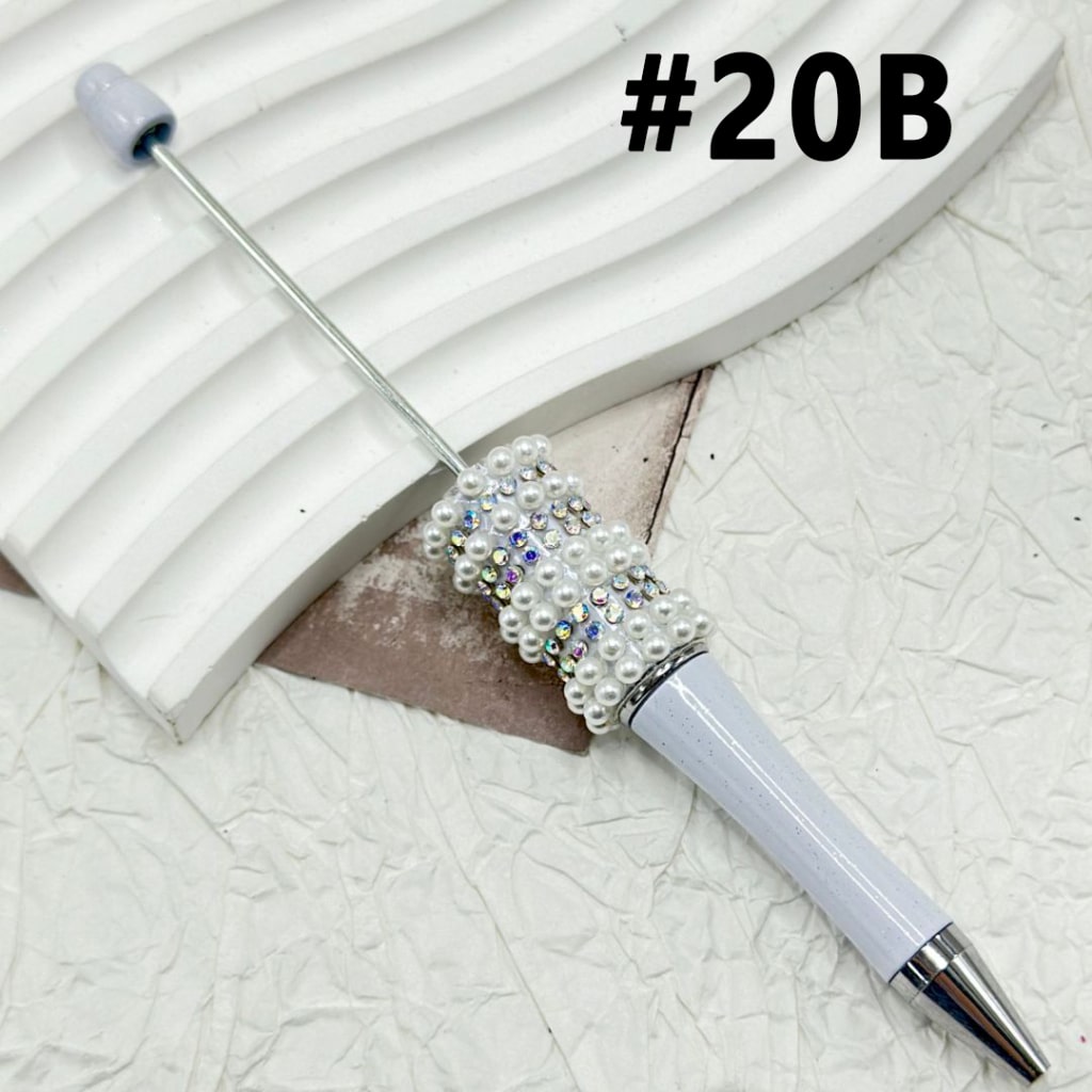 White Beadable Pen with AB Small Rhinestones White Pearl Chain