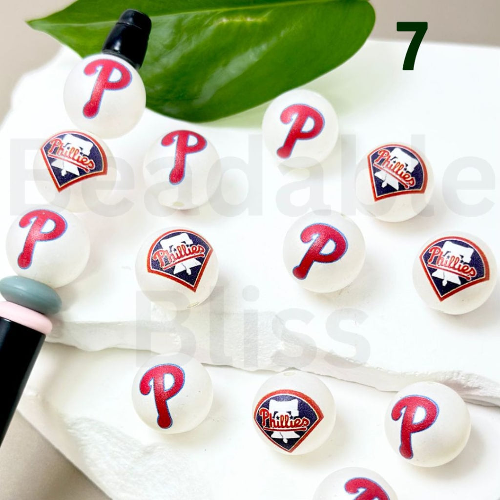 USA America Baseball Team Philadelphia Philli Sports Frosted Matt White Round Acrylic Beads, 16MM, Random Mix