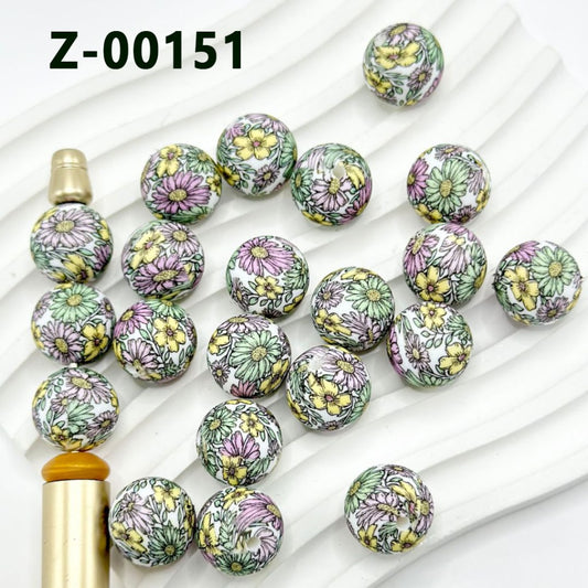 Colorful Flowers Round Printed Silicone Beads 15mm, Number Z-00151