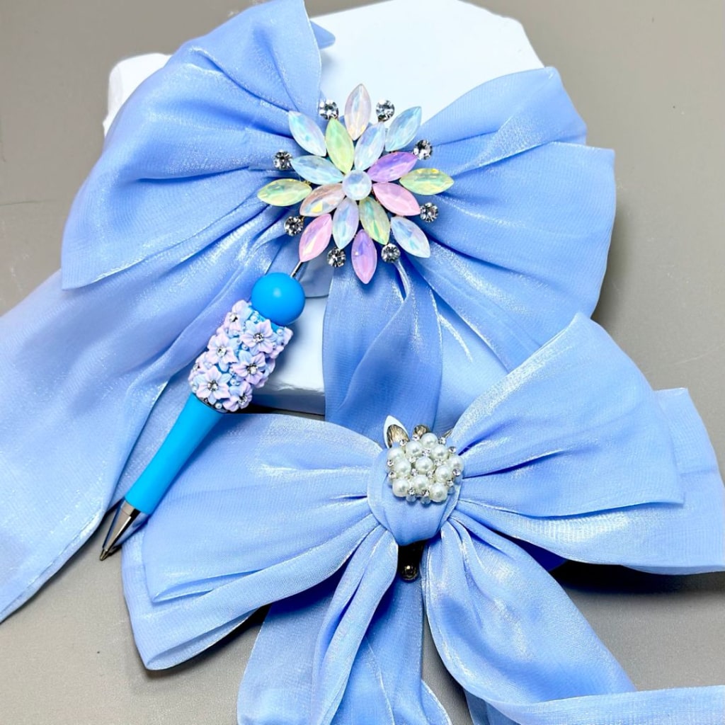 Large Blue Glossy Fabric Bowknot with Gold Alloy Flower Colorful Shiny Rhinestones White Pearls Clay Beads