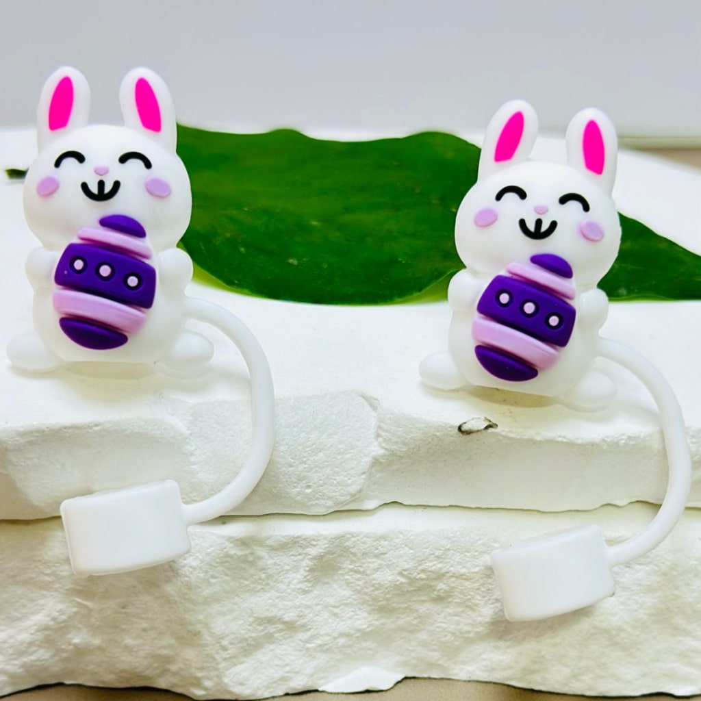 Cute White Bunny Rabbit Holds a Purple Egg Easter Food Grade Cup Tumbler Silicone Straw Topper