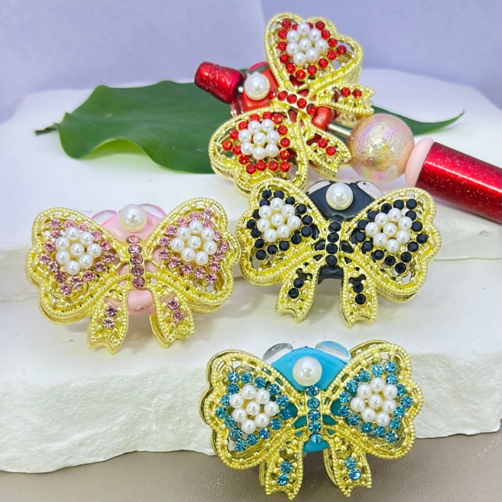 Bling Bling Fancy Gold Alloy Bowtie Bowknot with White Pearls Colorful Rhinestones Oval Pearls Clay Beads, Around 45*32MM