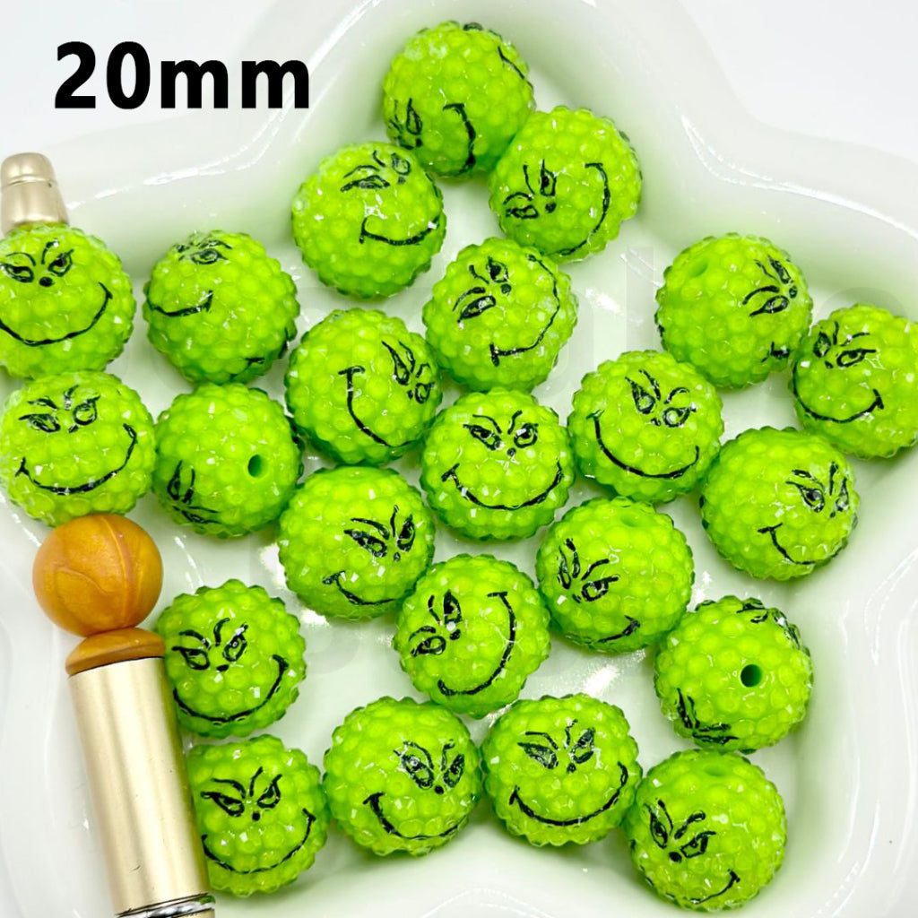 Vivid Green Monster Grinc Face Christmas Clear Rhinestone Round Acrylic Beads, 20MM