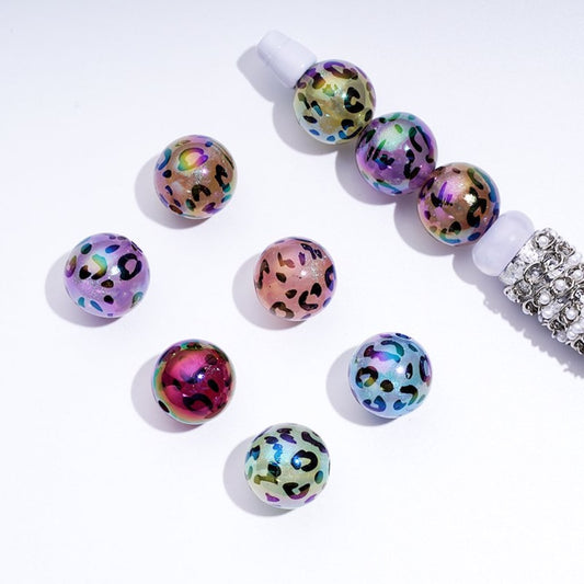 UV Coating Glitter Translucent Jaguar Print Colorful Round Acrylic Beads, 16MM, Random Mix